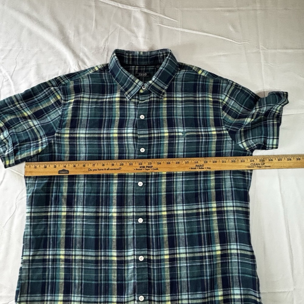 Izod Shirt Men's Size XL Linen‎ Blend Short Sleeve Collar Blue Plaid - Picture 5 of 12